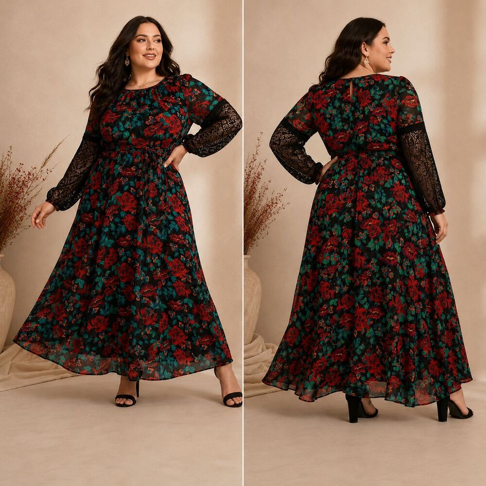 Torrid Floral Chiffon Maxi Dress 1X Lace Black Lined Belted Rose Whimsigoth Boho